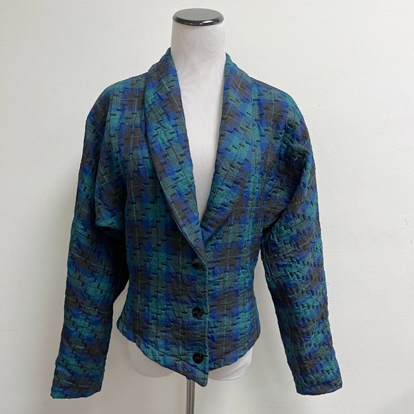 Lancelotti Vintage tartan black plaid wool shawl blazer jacket 40 80s wool blend - Picture 1 of 9